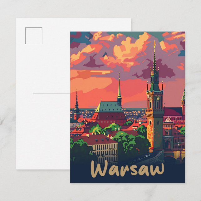 Warszawa Poland Vintage Retro Travel Illustration Vykort (Fram/baksida)