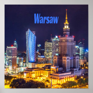 Warszawa Polen Night Skyline Warszawa Spire Poster