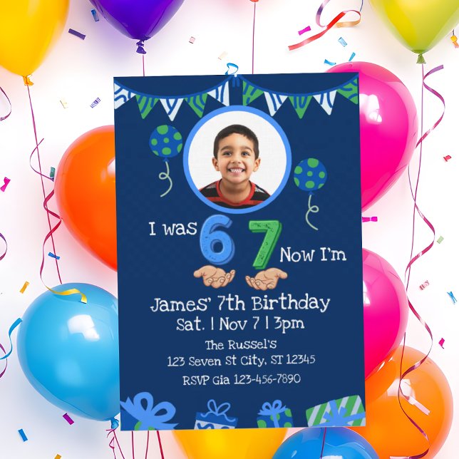 Was 6 Now 7, Blue Green Picture 7th Birthday Inbjudningar (Skapare uppladdad)