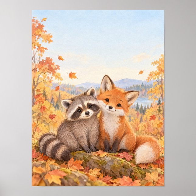 Waschbär und Fuchs im Herbstwald – Poster (Framsidan)