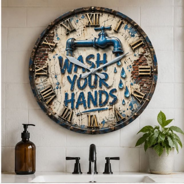 Wash Your Hands Bathroom Rustic Farmhouse  Stor Klocka (Skapare uppladdad)
