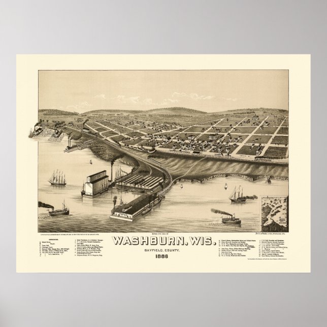 Washburn, WI Panoramic Karta - 1886 Poster (Framsidan)