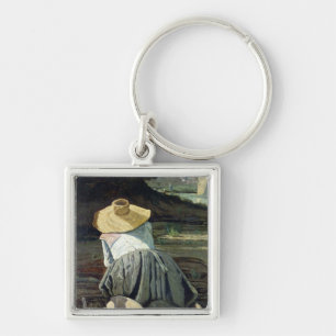 Washerwoman vid floden, 1860 fyrkantig silverfärgad nyckelring