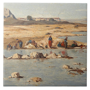 Washerwomen på banker av durancen, 1866 kakelplatta