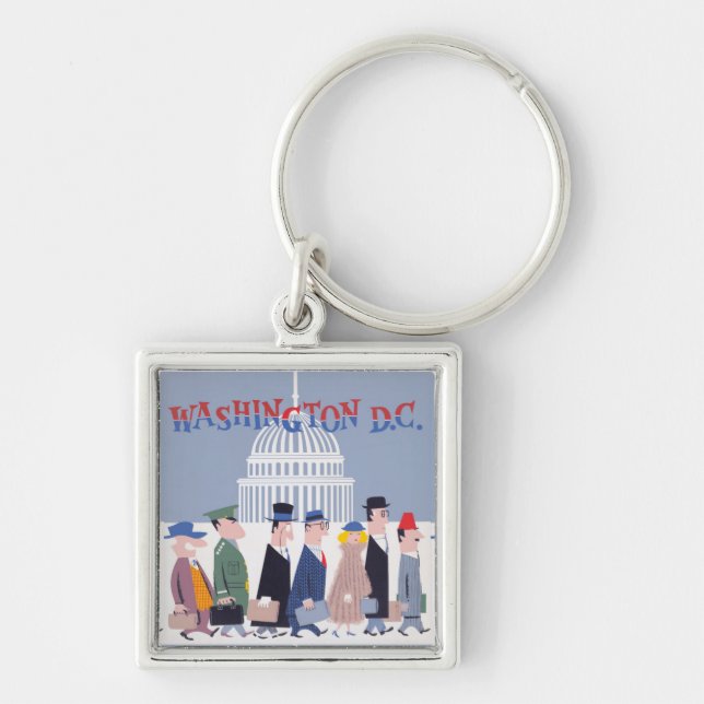 Washington D.C. Keychain Fyrkantig Silverfärgad Nyckelring (Framsidan)
