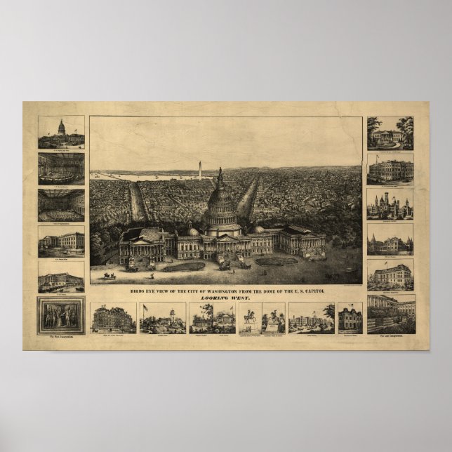 Washington DC 1860 Antique Panoramic Karta Poster (Framsidan)