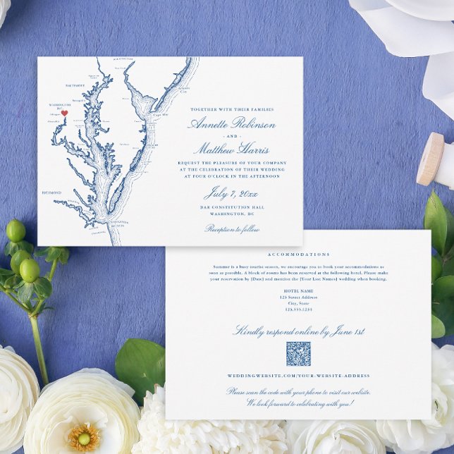 Washington DC - allt-i-ett QR-kod - OSA Blue Bröll Inbjudningar (Washington DC All-in-One QR code Wedding invitation in elegant navy blue from Coastal Map Designs)
