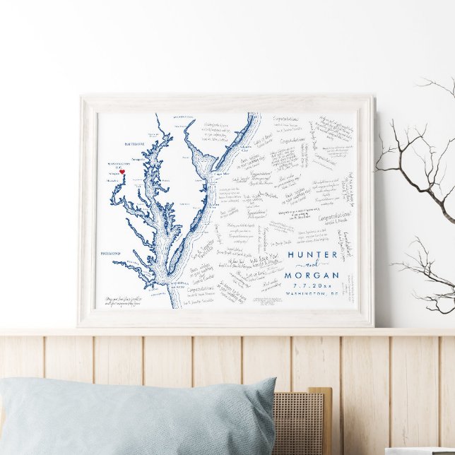 Washington DC Bröllop Modern Karta Guest Bok Poste Poster (This Washington DC wedding guest book poster is perfect for your Chesapeake Bay Wedding)
