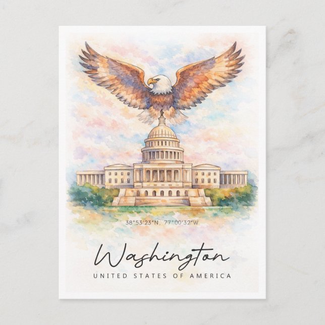 Washington DC Capitol Hill Watercolor | USA Helg Vykort (Framsida)