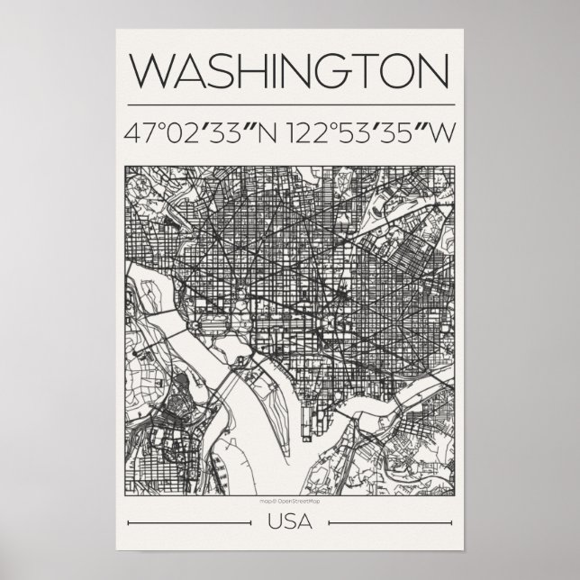 Washington DC Charcoal City Map Poster ModernUrban (Framsidan)