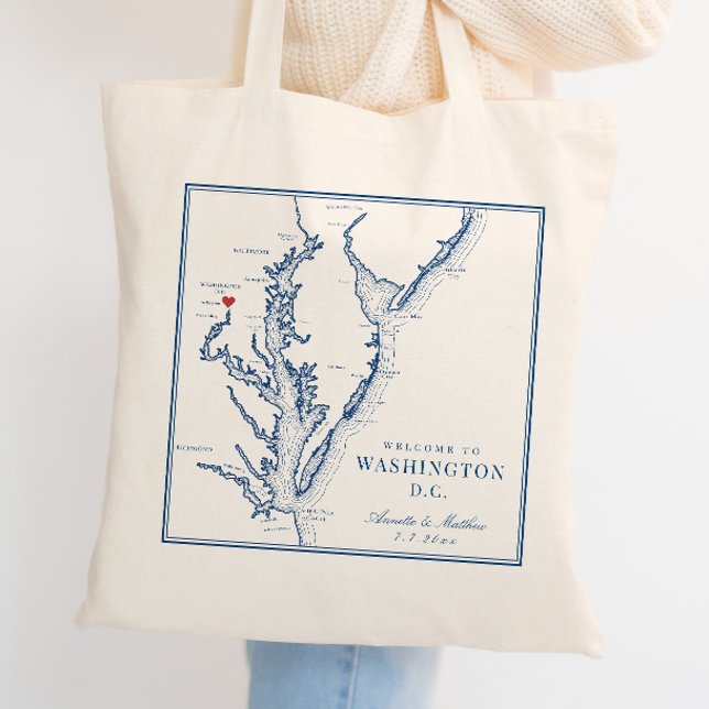 Washington DC Elegant Navy Bröllopsvälkomst Tygkasse (Washington DC Map Wedding Favor Tote Bag with elegant navy blue Chesapeake Bay illustration)