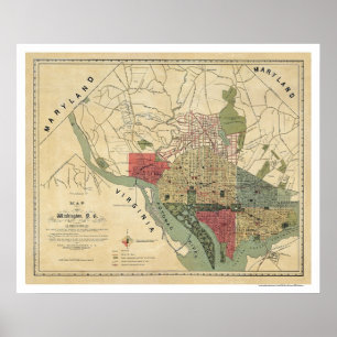 Washington DC Environs Karta av Silversparre 1887 Poster