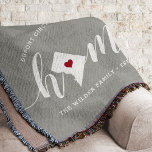 Washington DC Home Town Personalized Filt<br><div class="desc">Show some hometown pride with this cute rustic gray throw blanket featuring "home" in white calligraphy script lettering with a silhouette map of Washington DC standing in for the letter "O." A red heart illustration inside the state map completes the design; you can change the position of the heart to...</div>