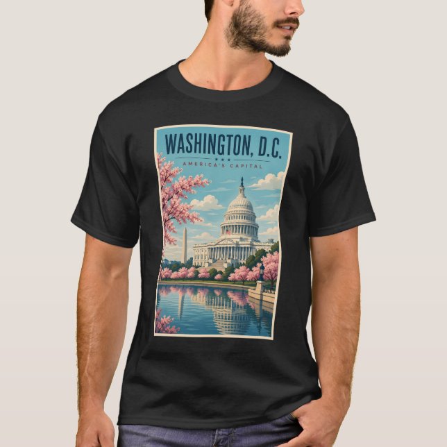Washington DC Körsbärsblommor Illustration Resa T Shirt (Framsida)