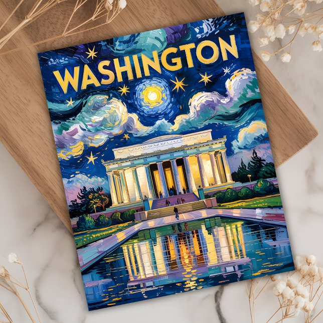 Washington DC Lincolnminnesmärket Livfull Van Gogh Vykort (Van Gogh Style Starry Night Washington DC Lincoln Memorial )