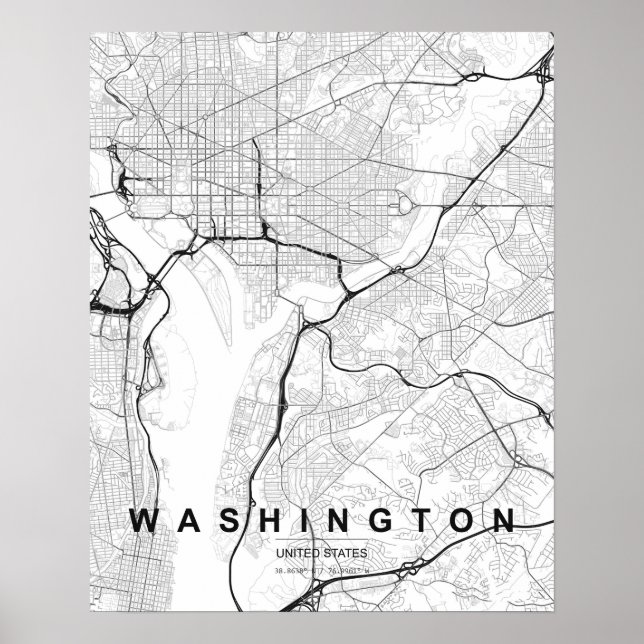 Washington DC Minimalistisk Karta (Svart & Vitt) Poster (Framsidan)