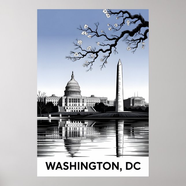 Washington DC Siluett Svart Vitt Träsnitt Poster (Framsidan)