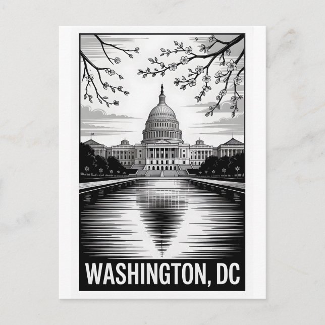 Washington DC Siluett Svart Vitt Träsnitt Vykort (Framsida)