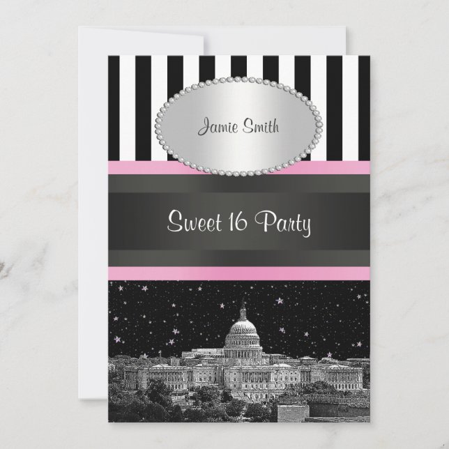 Washington DC Skyline Bk Wht Strp Rosa Sweet 16-fe Inbjudningar (Framsida)