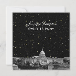 Washington DC Skyline Etch Starry DIY SQ Sweet 16 Inbjudningar