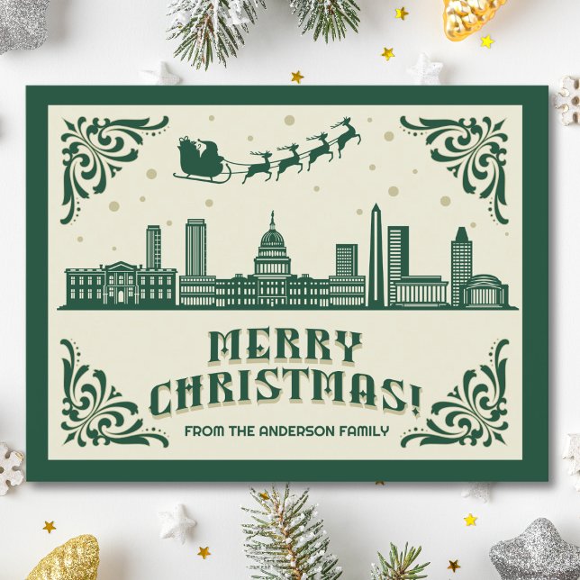 Washington, DC Skyline jul-vykort för Helgdag Helg Vykort (Washington, DC skyline christmas card green modern merry christmas postcard with custom details)