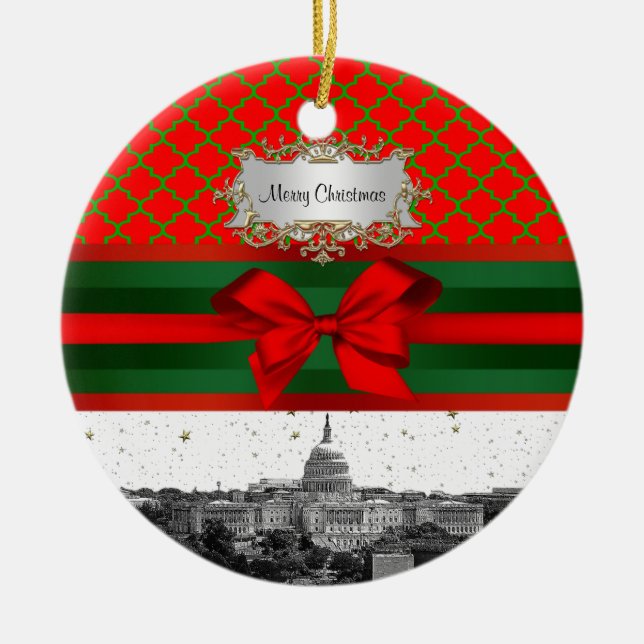 Washington DC Skyline Red Grönt Quatrefoil BG Jula Julgransprydnad Keramik (Framsidan)