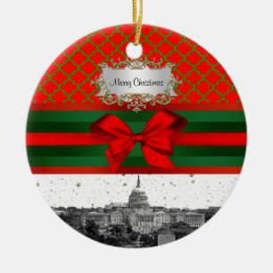 Washington DC Skyline Röd Grön Quatrefoil BG Jul Julgransprydnad Keramik