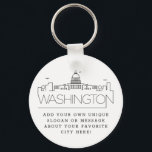 Washington DC Stylized Skyline | Anpassningsbar Sl Nyckelring<br><div class="desc">En unik nyckelring som representerar den vackra staden Washington DC. Den här nyckelkedjan har en stiliserad illustration av stadens unika skylt med namn under. Under staden är namn en plats för din unika slogan eller påstående om din favoritstad.</div>
