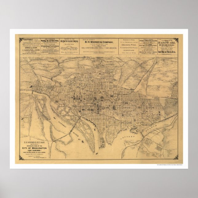 Washington DC & Suburbs Karta, Gedney 1886 Poster (Framsidan)