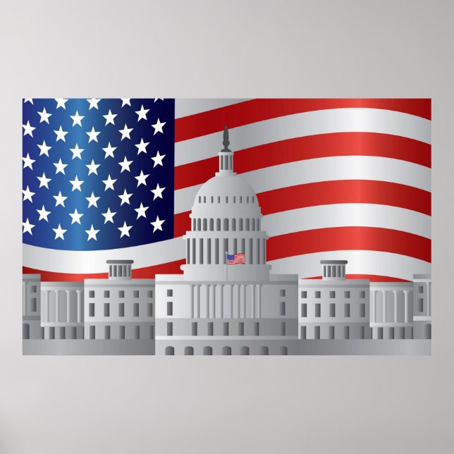 Washington DC US Huvudstad Bygger med USA Flagga Poster (Framsidan)