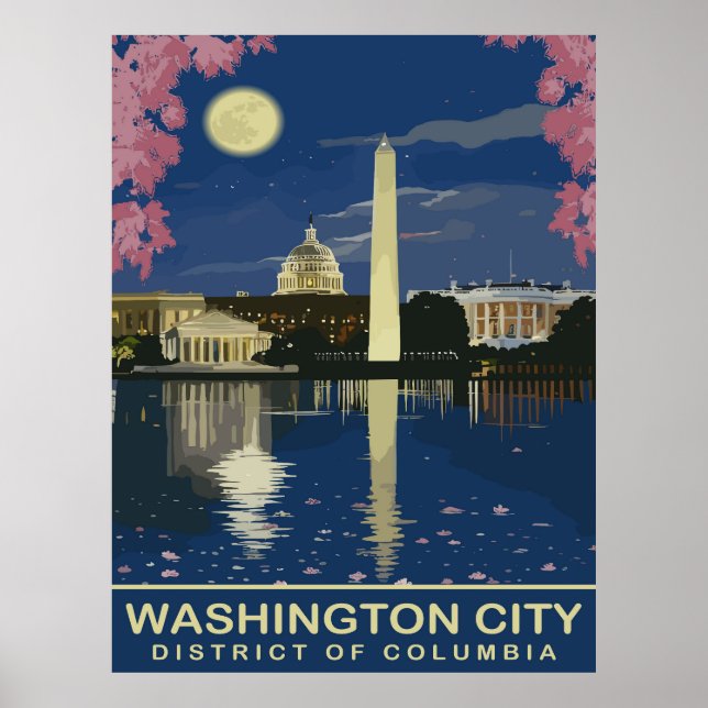 Washington DC, Vattenreflektioner på natten, Resa Poster (Framsidan)