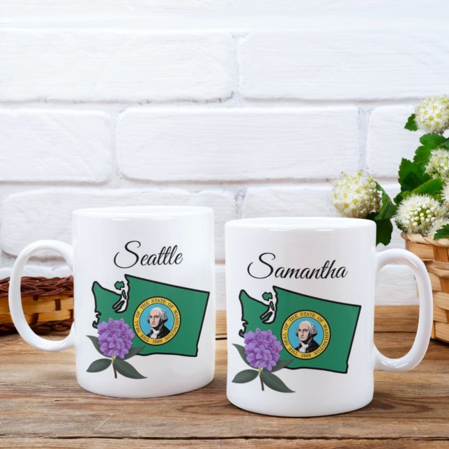 Washington Flagga & Flower Pacific Rhododendron Kaffemugg (Skapare uppladdad)