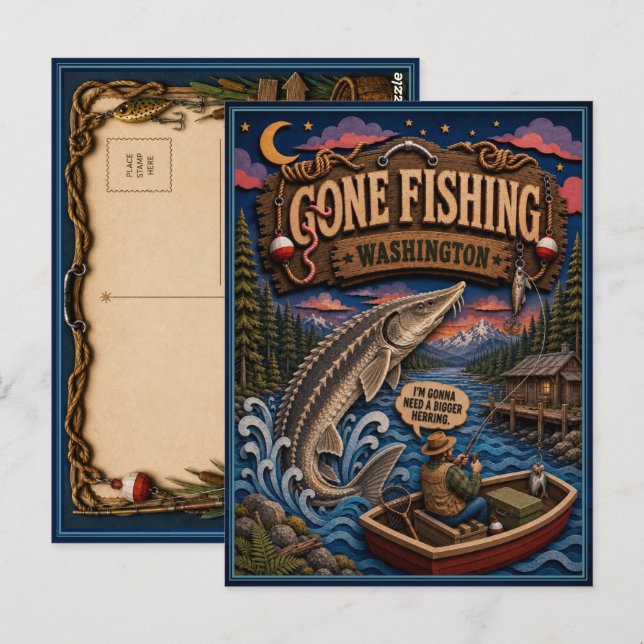 Washington Gone Fishing Vit Stör Vykort (Fram/baksida)