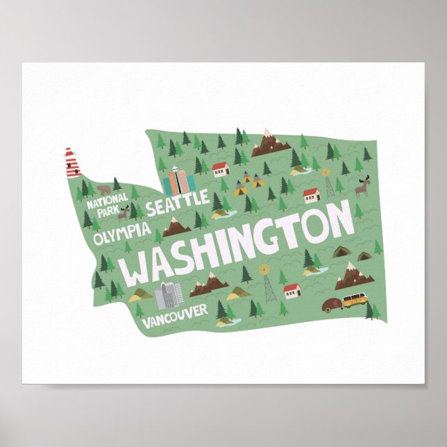 Washington Icon Landmarks Karta Poster (Framsidan)