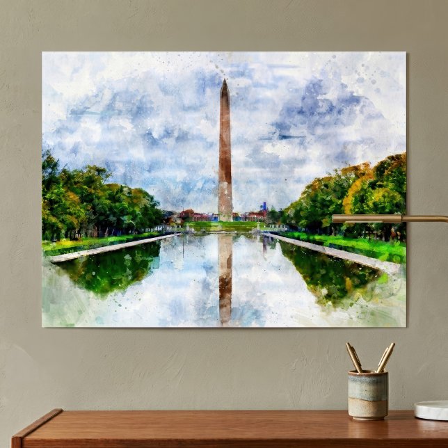 Washington Monument akvarell med reflektion Poster (Washington Monument Watercolor with Reflection. Poster)
