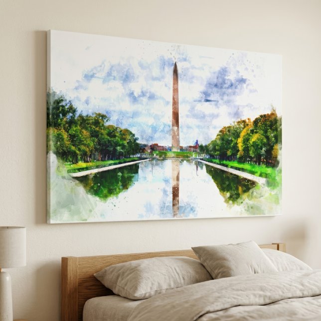 Washington Monument Vattenfärg med Reflex Canvastryck (Washington Monument Watercolor with Reflection. Canvas Print)