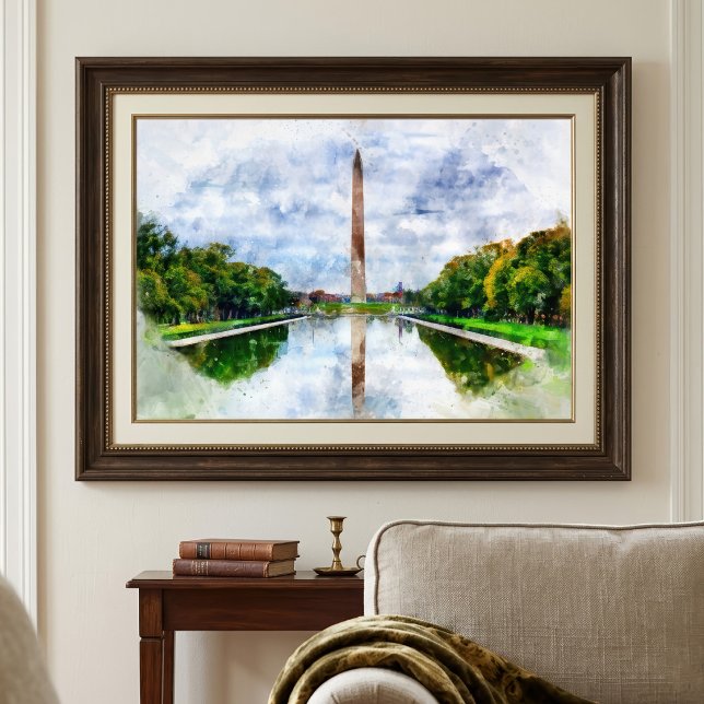 Washington Monument Vattenfärg med Reflex Fototryck (Washington Monument Watercolor with Reflection. Photo Print )