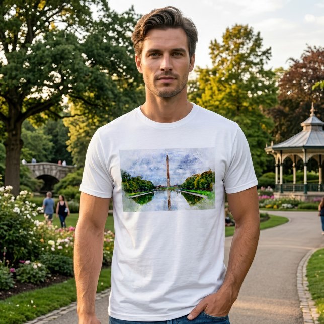 Washington Monument Vattenfärg med Reflex T Shirt (Washington Monument Watercolor with Reflection. Men Basic White T-Shirt)