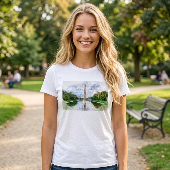 Washington Monument Vattenfärg med Reflex T Shirt (Washington Monument Watercolor with Reflection. Women Basic White T-Shirt)