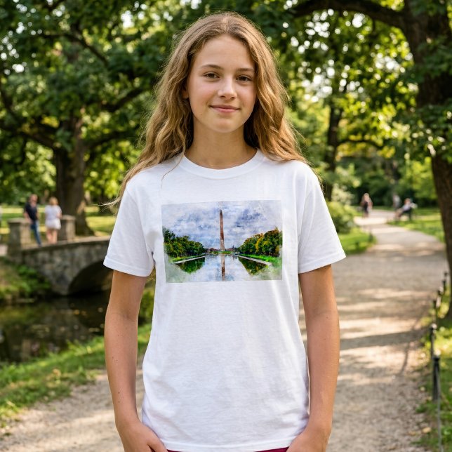 Washington Monument Vattenfärg med Reflex T Shirt (Washington Monument Watercolor with Reflection. Girl Basic White T-Shirt)