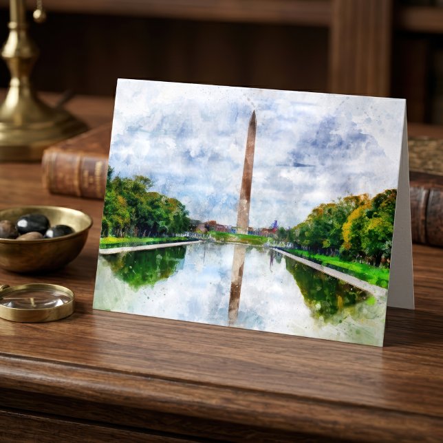 Washington Monument Vattenfärg med Reflex Tack Kort (Washington Monument Watercolor with Reflection. Letterpress Thank You Card)