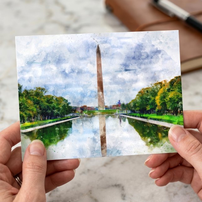 Washington Monument Vattenfärg med Reflex Vykort (Washington Monument Watercolor with Reflection. Postcard )