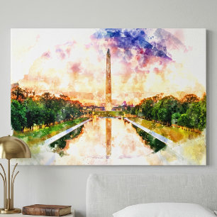 Washington Monument Vattenfärg Solnedgångsreflekti Canvastryck