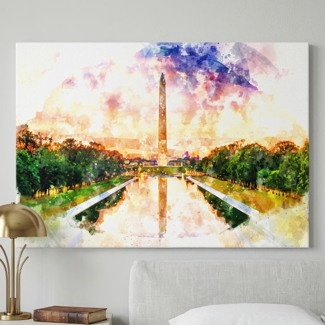 Washington Monument Vattenfärg Solnedgångsreflekti Canvastryck (Washington Monument Watercolor Sunset Reflection. Canvas Print)