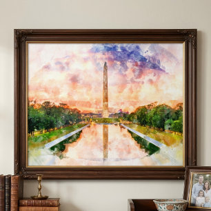 Washington Monument Vattenfärg Solnedgångsreflekti Fototryck