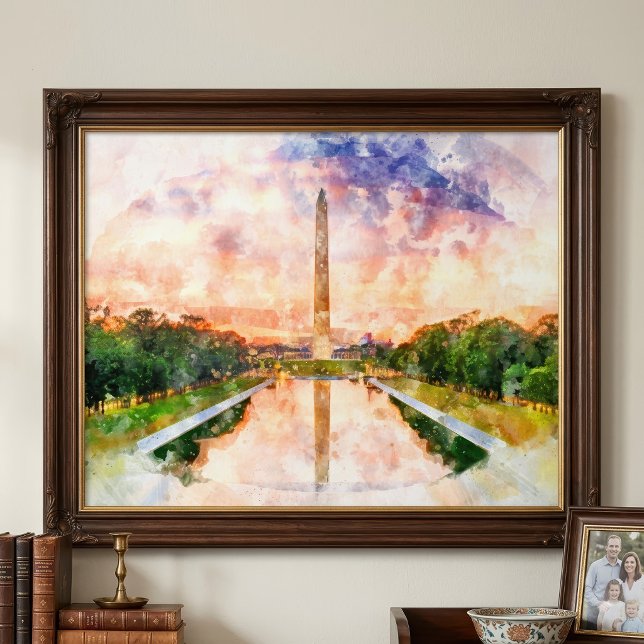 Washington Monument Vattenfärg Solnedgångsreflekti Fototryck (Washington Monument Watercolor Sunset Reflection. Photo Print)