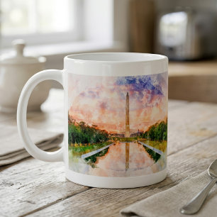 Washington Monument Vattenfärg Solnedgångsreflekti Kaffemugg