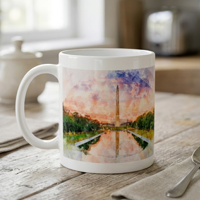 Washington Monument Vattenfärg Solnedgångsreflekti Kaffemugg (Washington Monument Watercolor Sunset Reflection. Coffee Mug)