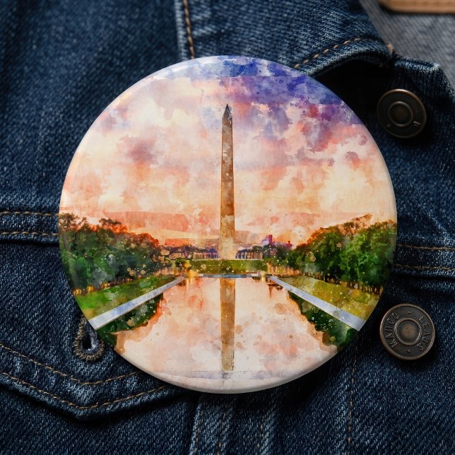 Washington Monument Vattenfärg Solnedgångsreflekti Knapp (Washington Monument Watercolor Sunset Reflection. Button)