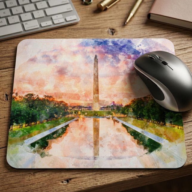 Washington Monument Vattenfärg Solnedgångsreflekti Musmatta (Washington Monument Watercolor Sunset Reflection. Mouse Pad)